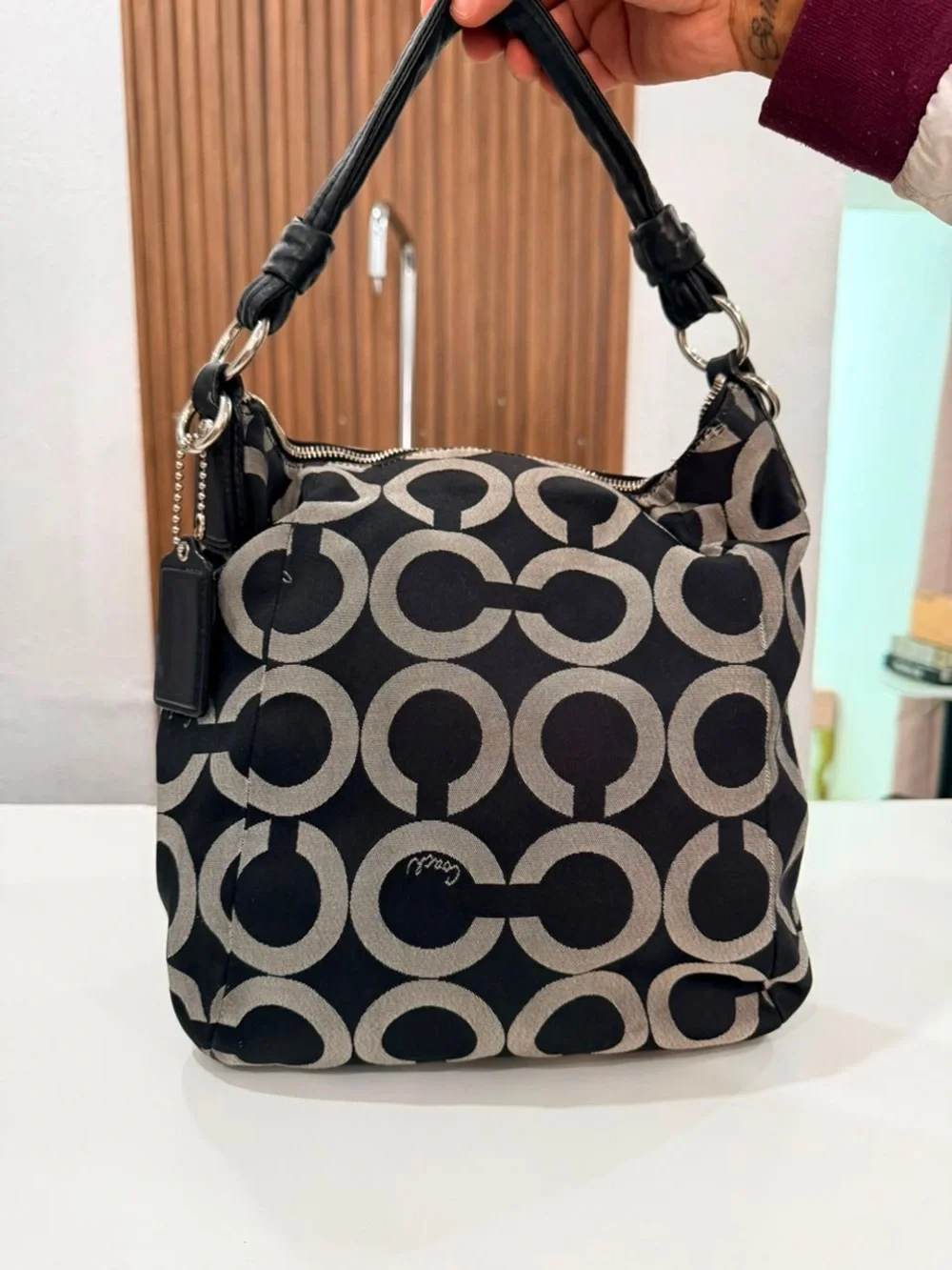 Coach Kristin Sateen Op Art Hobo Bag Black Gray Large Handbag Purse Bag #14753